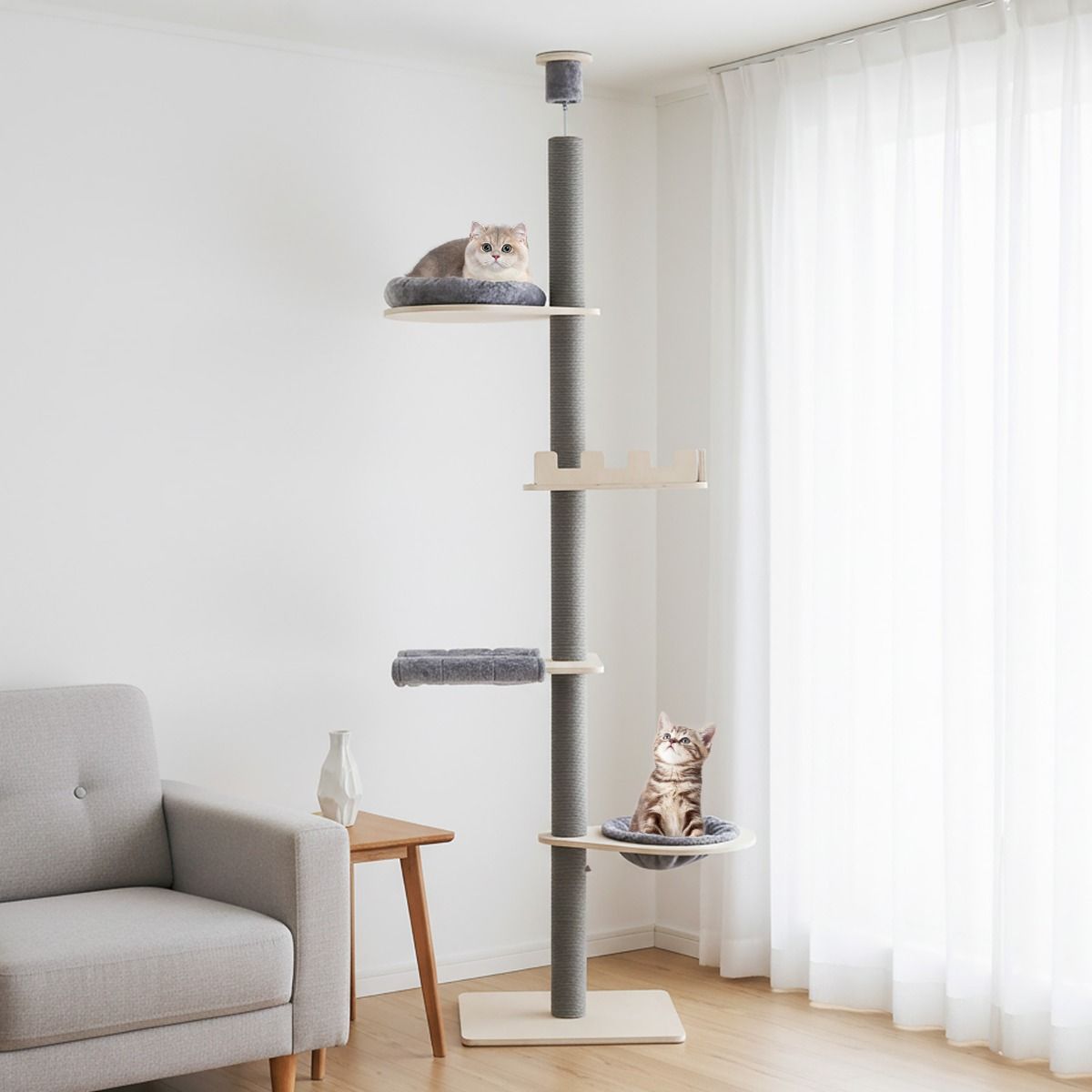 Arbre à chat Coast, sol-plafond, 5 niveaux, hauteur réglable de 236 à 271 cm - Gris