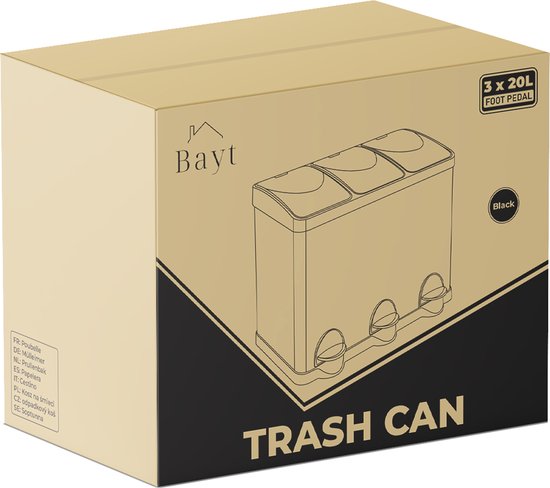 Bayt Poubelle - Poubelle 60 litres - Poubelle 60 litres - Poubelle à pédale 60 litres - Poubelle 3 compartiments - Poubelle tri sélectif - 3x 20 litres - inox - Noir