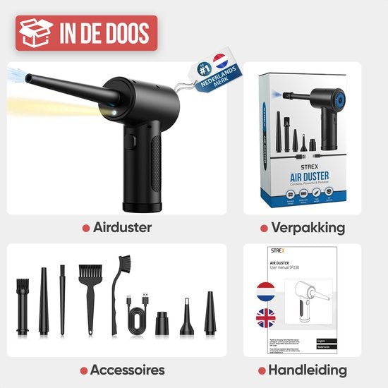 Kit de nettoyage - Strex - Dépoussiéreur à air sans fil - Rechargeable - Air comprimé - LED intégrée - Noir