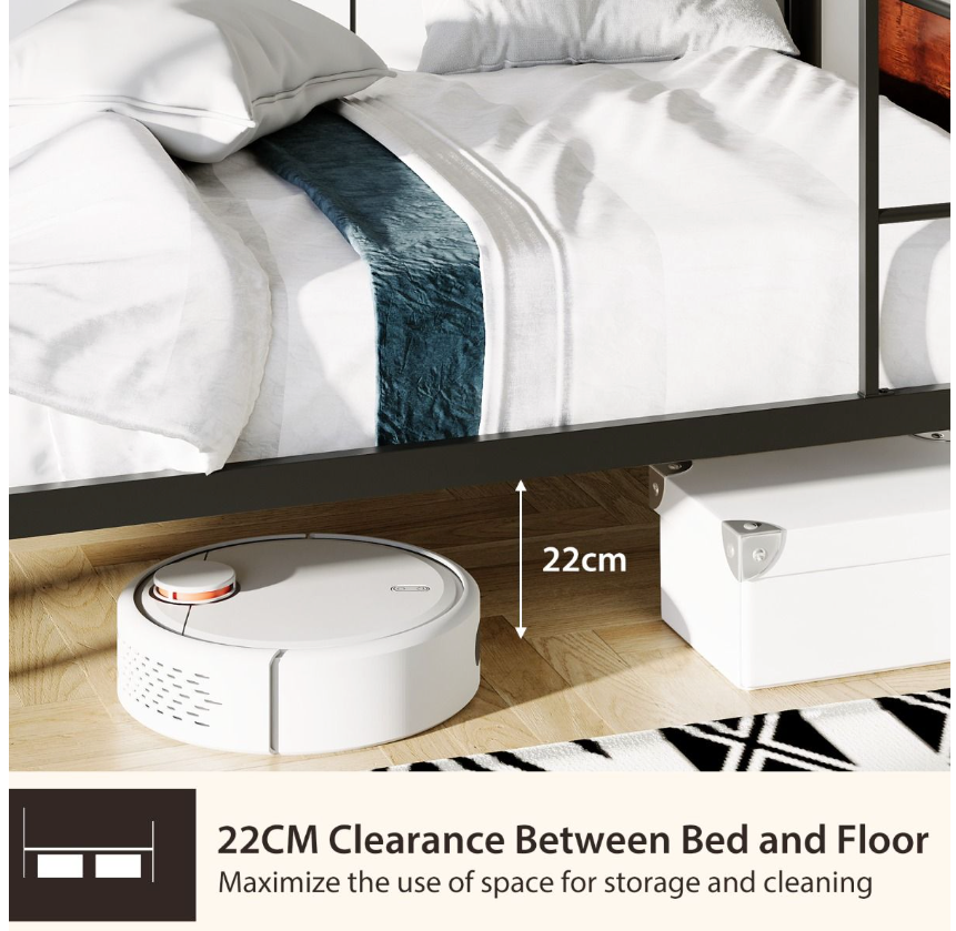 Coast - Cadre de lit superposé en métal - 2 en 1, aspect bois et barre de sécurité de 30 cm - L 198 x l 95 x H 156 cm - Métal/MDF - Noir/Marron