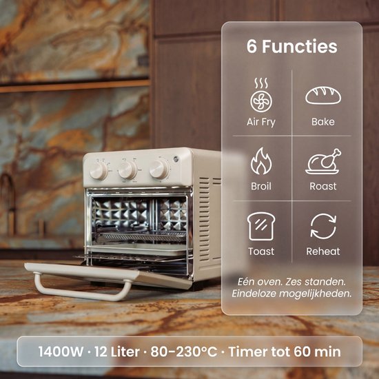 Safecourt Four Airfyer 6-en-1 - 100% sans PFAS - 6 programmes - 80 à 230 degrés - Airfryer, cuire, rôtir, toaster, griller et réchauffer - Beige