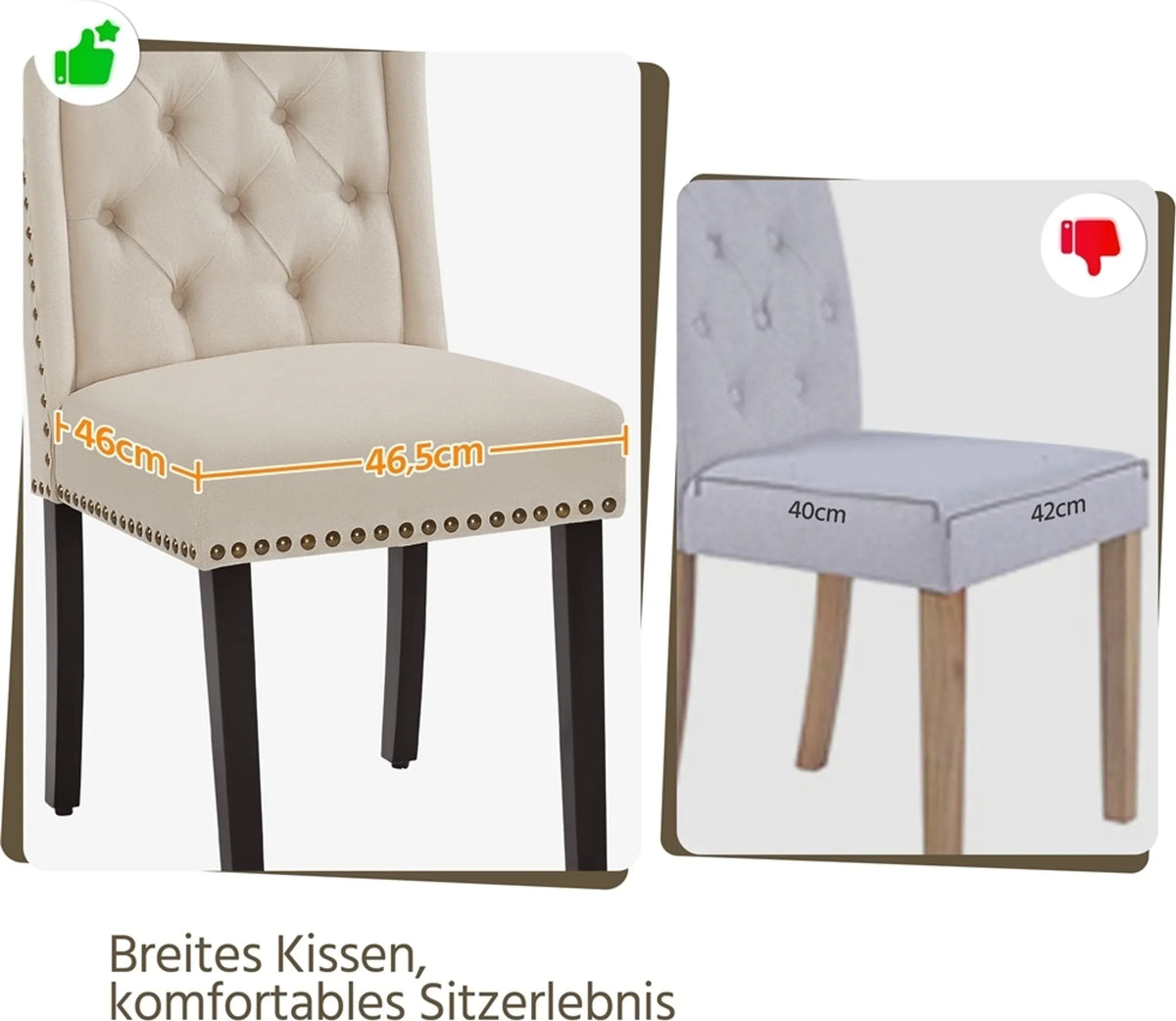 Lot de 2 chaises de salle à manger vintage rembourrées, avec pieds en bois et clous décoratifs, couleur beige