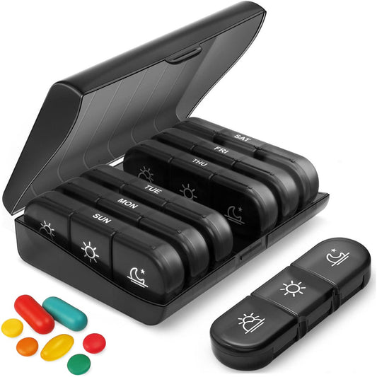 Alyze Medicine Box 7 Days Black 15.6 x 12 x 4.2 cm - Boîte à pilules sans BPA avec 3 compartiments par jour - Boîte à médicaments compacte et durable