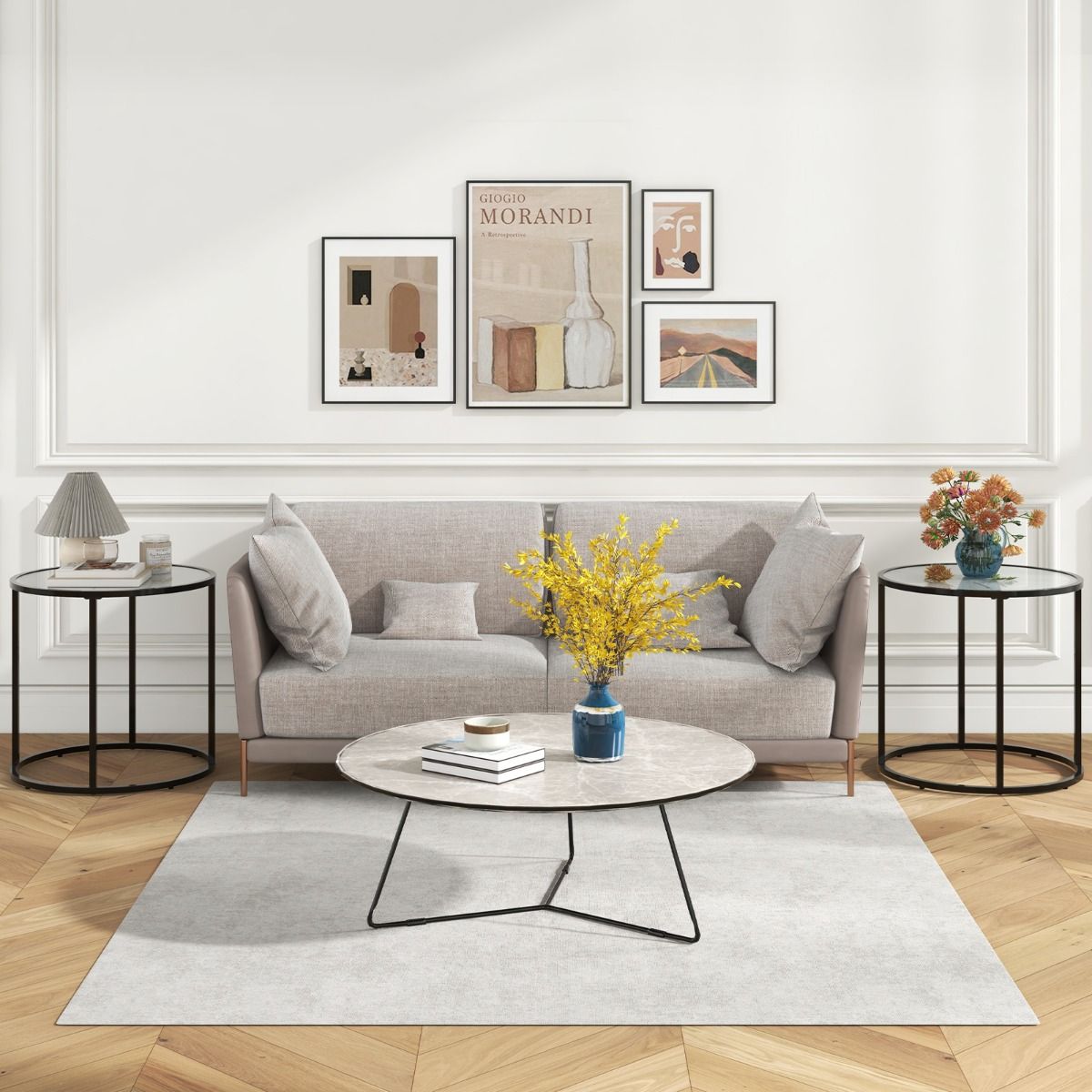 Table d'appoint ronde en verre Coast 50 cm avec plateau en marbre et cadre en métal noir - Design moderne