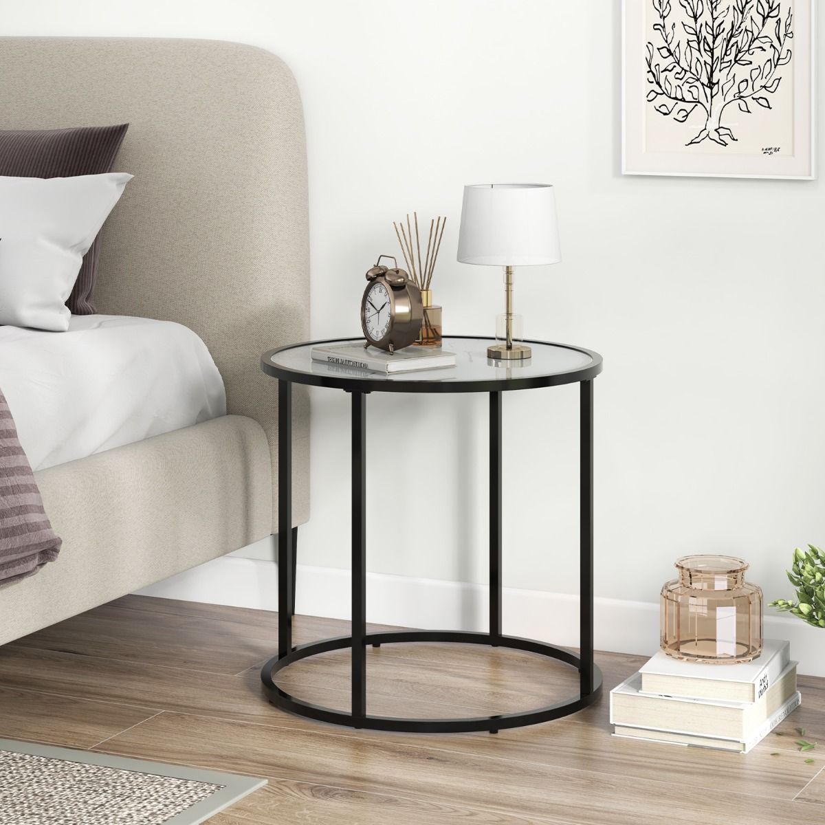 Table d'appoint ronde en verre Coast 50 cm avec plateau en marbre et cadre en métal noir - Design moderne