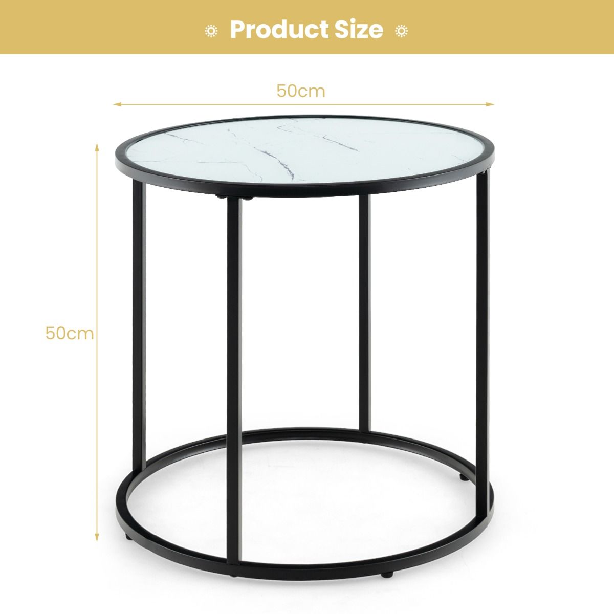Table d'appoint ronde en verre Coast 50 cm avec plateau en marbre et cadre en métal noir - Design moderne