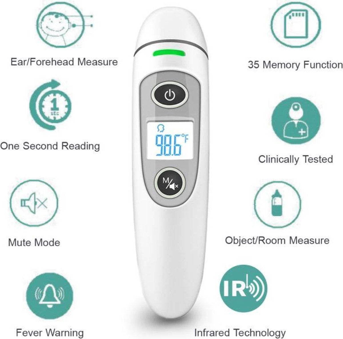 FC - IR100 Thermomètre infrarouge frontal numérique sans contact pour adultes - enfants - bébé avec indicateur de fièvre et 35 mémoires