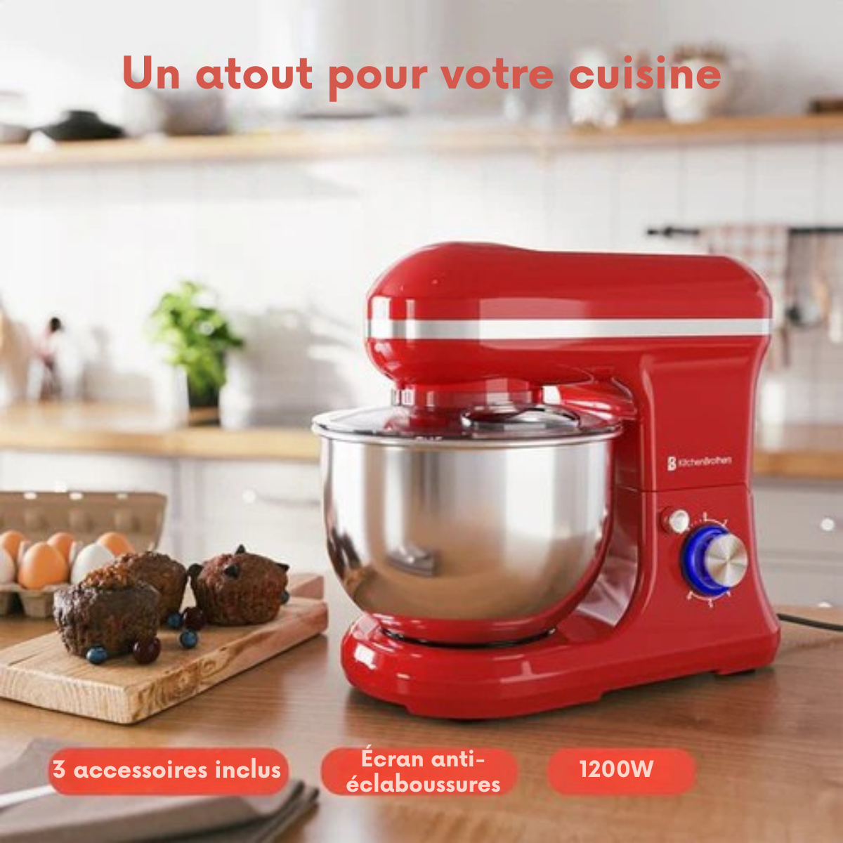 Robot de cuisine - KitchenBrothers - 5L - Mixeur de cuisine - 1200W - Rouge