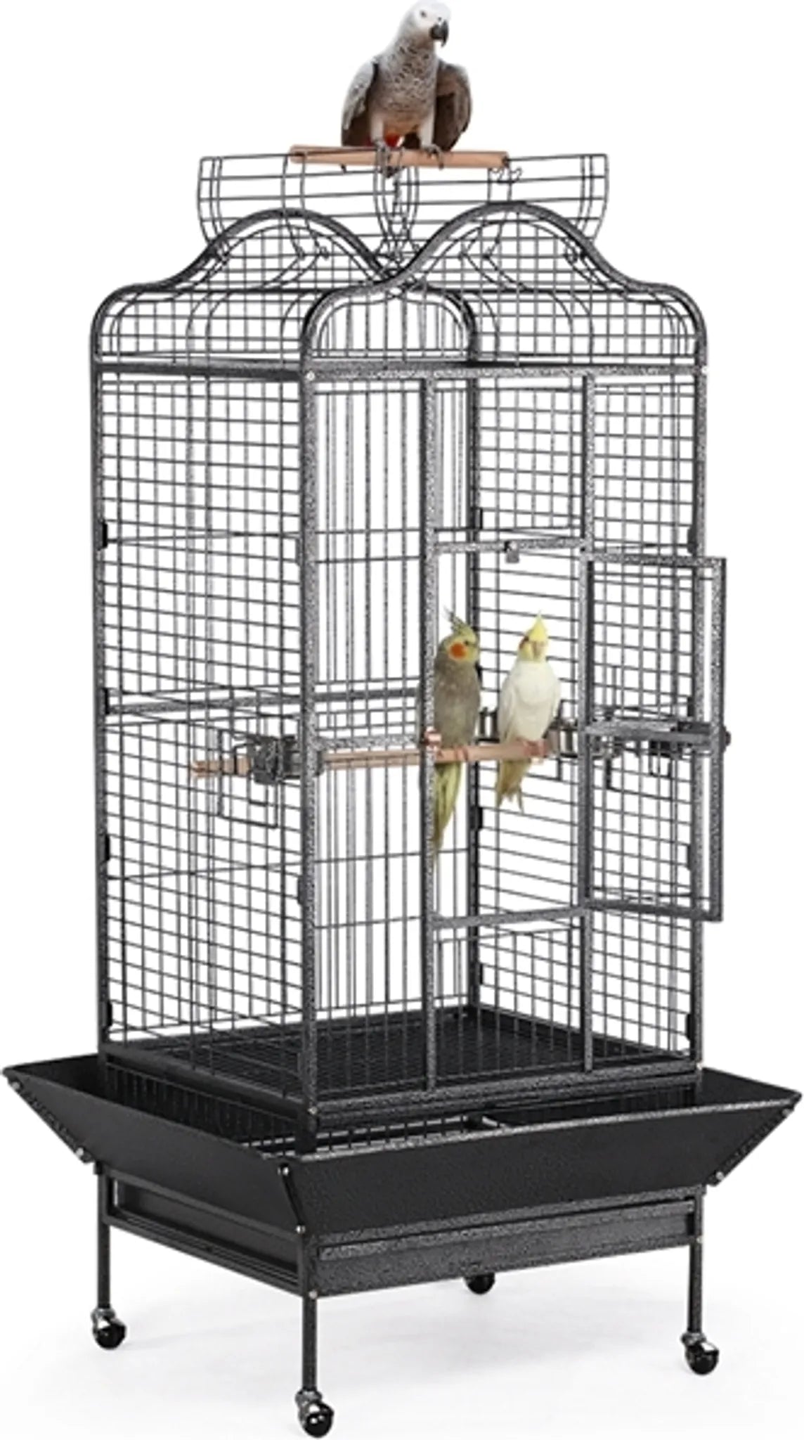 Yaheetech Cage à oiseaux Cage pour perroquets - 81 x 77 x 154-160 cm - équipée d'un toit victorien pliant et d'un collecteur de saletés et d'une base mobile - pour perroquets et grands oiseaux - métal martelé noir