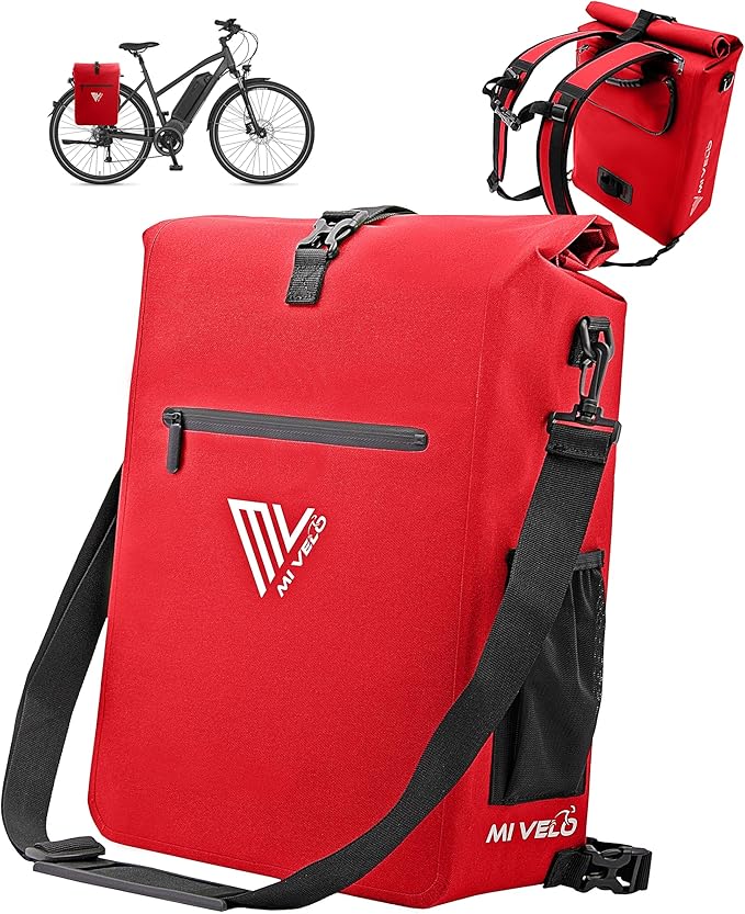 MIVELO Pannier - Sac à dos et sac à bandoulière 3-en-1 - Imperméable et compartiment pour ordinateur portable - 25 litres - Rouge