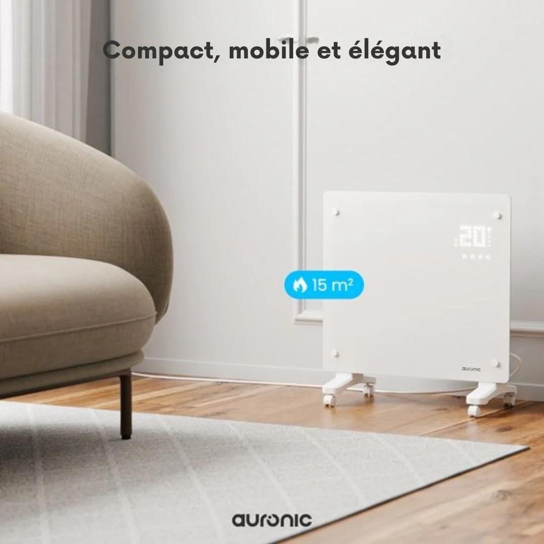 Chauffage électrique Auronic - convecteur avec thermostat et télécommande -  panneau en verre - 1000W - Blanc