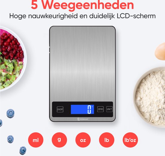 Kitchenwell Balance de cuisine numérique de précision - Balance de cuisine - 1gr - 10kg - Fonction tare - Gris