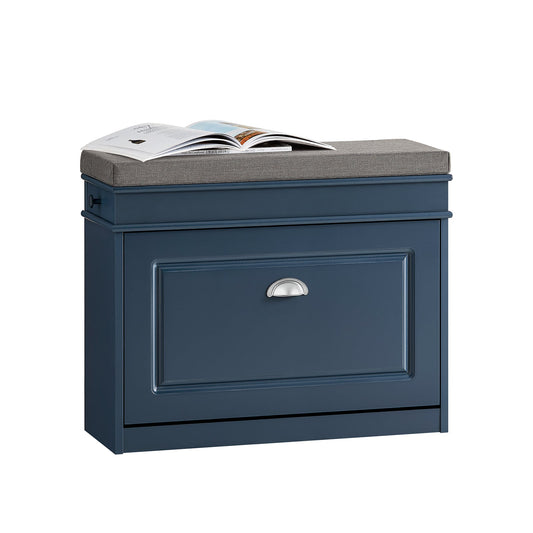 SoBuy Banc à chaussures FSR82-L-B - Meuble d'entrée bleu avec abattant, tiroir, coussin et crochet - 75 x 24 x 52 cm