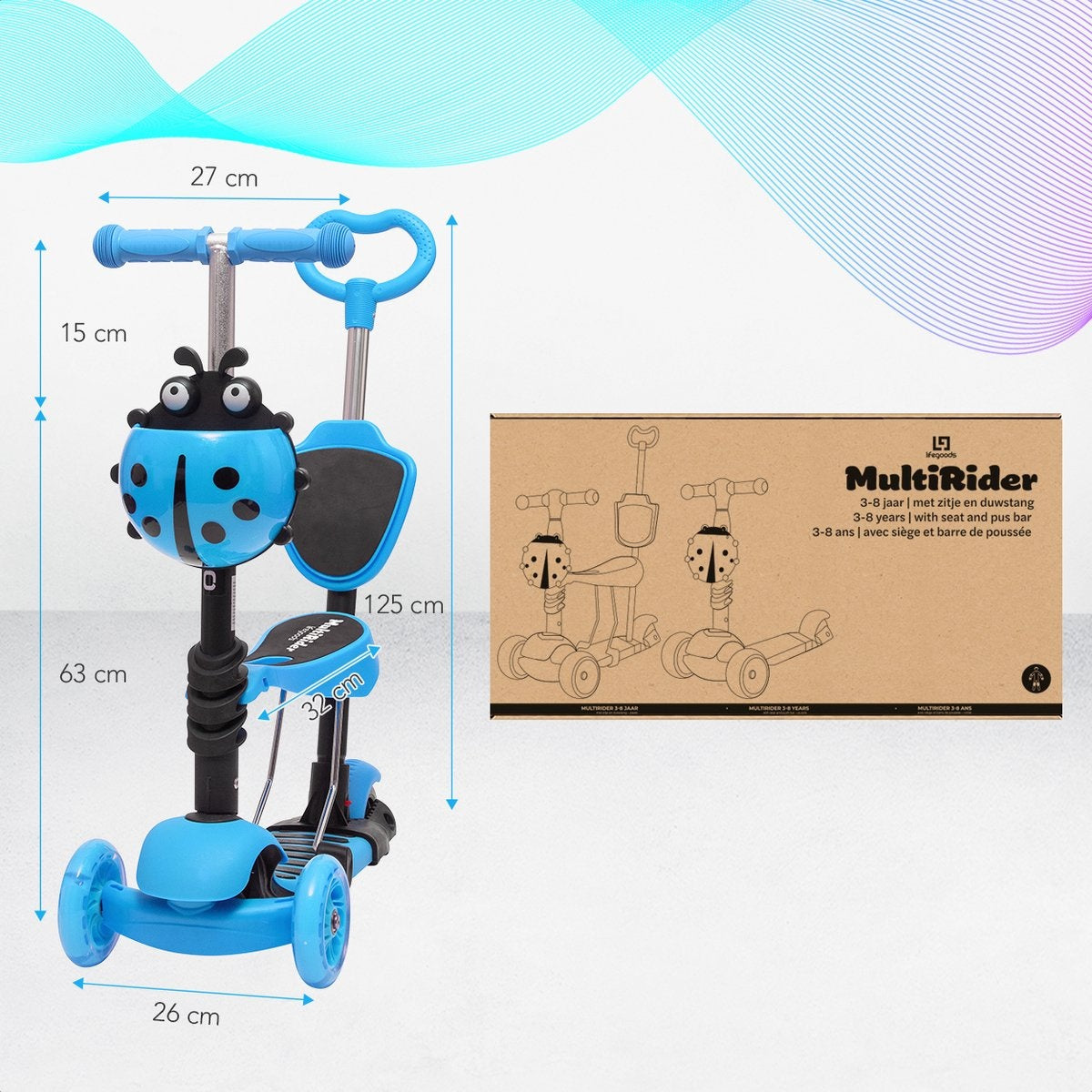 LifeGoods MultiRider - Scooter pour enfants avec barre de poussée - 3 -8 ans - Garçons/Filles - 3 roues lumineuses - Bleu