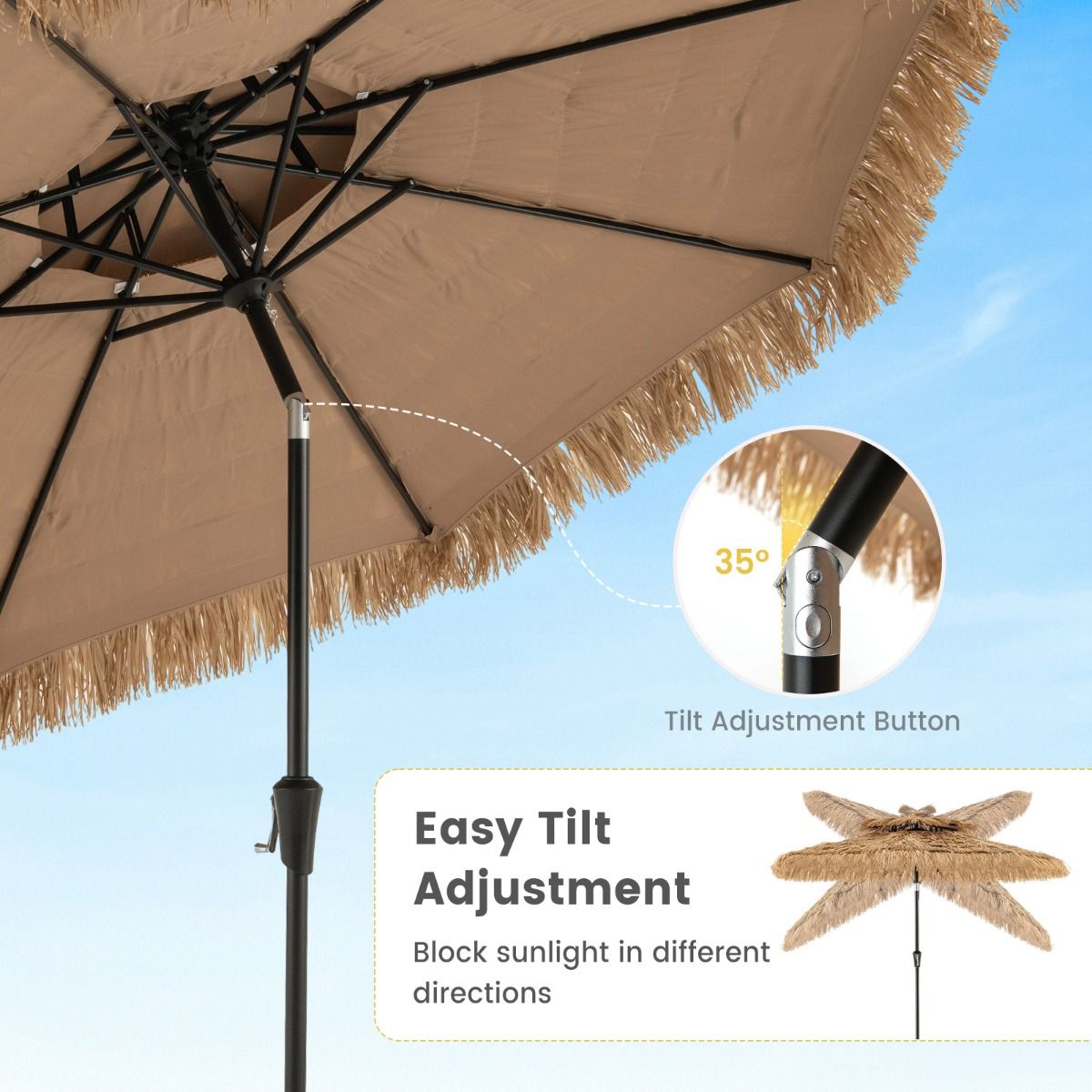 Coast Hawaiian Wicker Tiki Parasol 267x247 cm - Parasol de terrasse naturel avec manivelle, mécanisme d'inclinaison et 8 baleines robustes