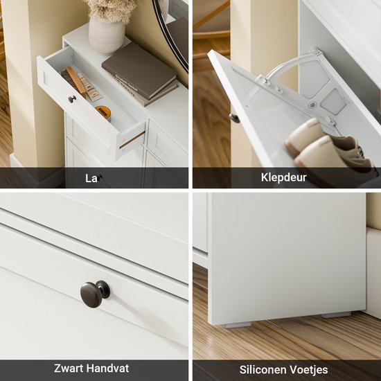 Armoire à chaussures SoBuy pour entrée, armoire à chaussures avec 2 tiroirs et 4 portes rabattables, rangement pratique pour 12 paires de chaussures, blanche, MDF E1, idéale pour les petits espaces - FSR208-W
