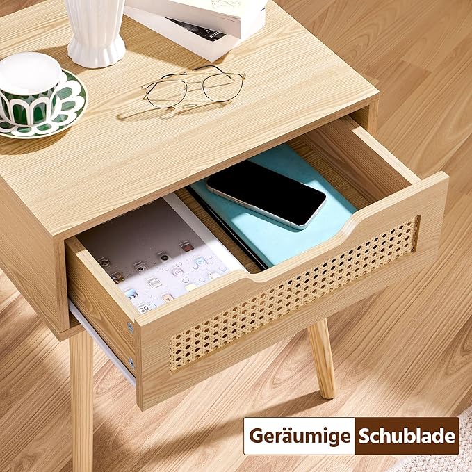 Table de chevet Yaheetech avec tiroir en rotin – Marron clair – 48,5 x 41 x 57,5 cm – Pieds en bois