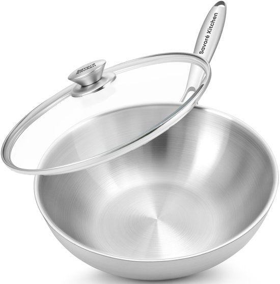 Savoré Kitchen Wok pan stainless steel 28 cm with Lid - Induction Suitable - Wok pans - 3-Ply - Professional Heat Distribution