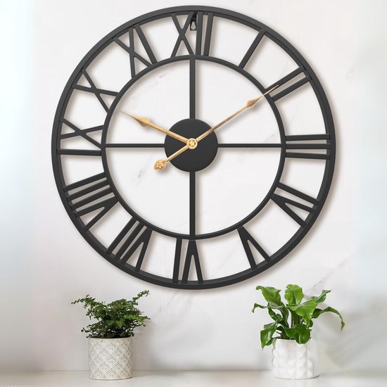 Horloge murale Tyme de style industriel – 34 cm – Chiffres romains – Facile à lire – Analogique – Mécanisme d'horlogerie – Horloge murale moderne – Quartz – Noire
