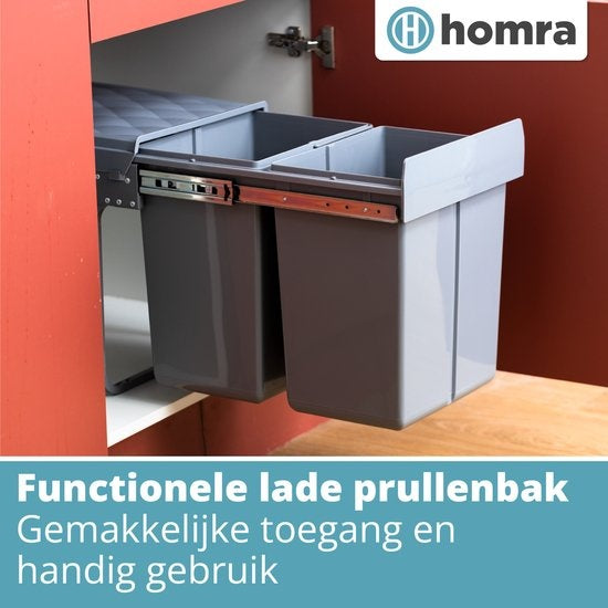 Poubelle de tri - Homra - 2x20L - Encastrable - 2 compartiments amovibles - Poubelle de cuisine - Gris