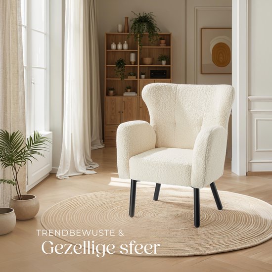 tectake® - Fauteuil Vänersborg - Fauteuil relax épais avec revêtement bouclé - Fauteuil lounge avec accoudoirs larges et dossier ergonomique - Pieds réglables en hauteur avec protection du sol - Beige/crème