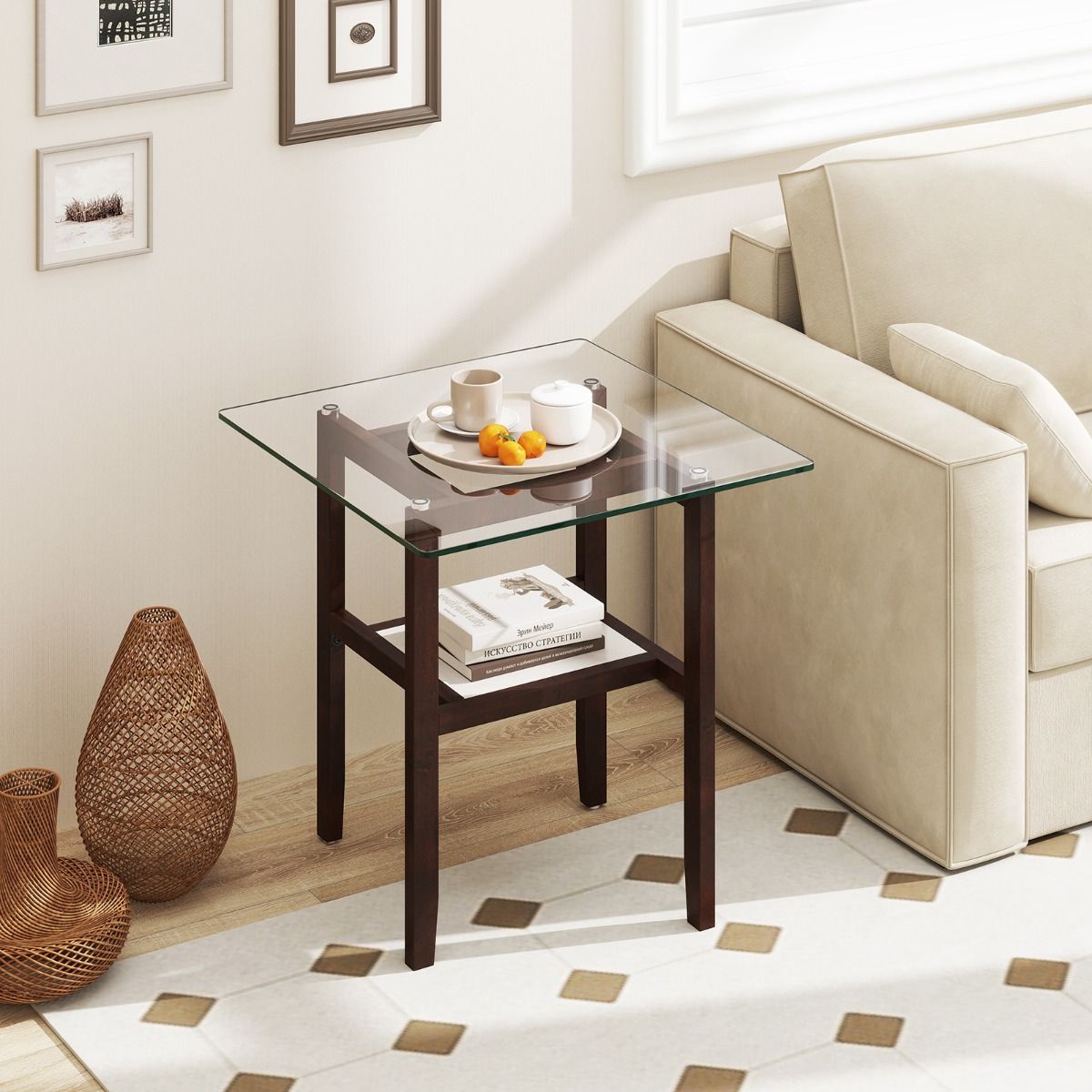 Coast Square Glass Side Table 61x61x62.5 cm Brown with Rubberwood Frame and Two Storage Levels