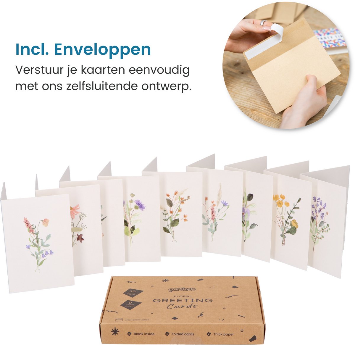 Partizzle - Lot de 36 cartes de vœux fleurs sèches - 15 x 10 cm & motif aquarelle - avec enveloppes kraft et intérieur vierge - pour mariage et félicitations - papier FSC multicolore