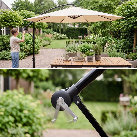 Parasol à bras articulé Tristar - 300 cm, rond - Jardin et balcon - Hauteur réglable - Pied en croix et housse de protection inclus - PA-7906 - Beige