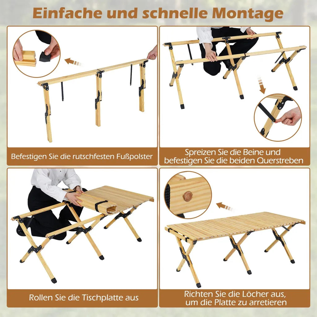Table de camping pliable Coast 122 × 60 × 45 cm – Table de pique-nique en bois pour 4 à 6 personnes avec plateau enroulable et sac de transport – Naturel
