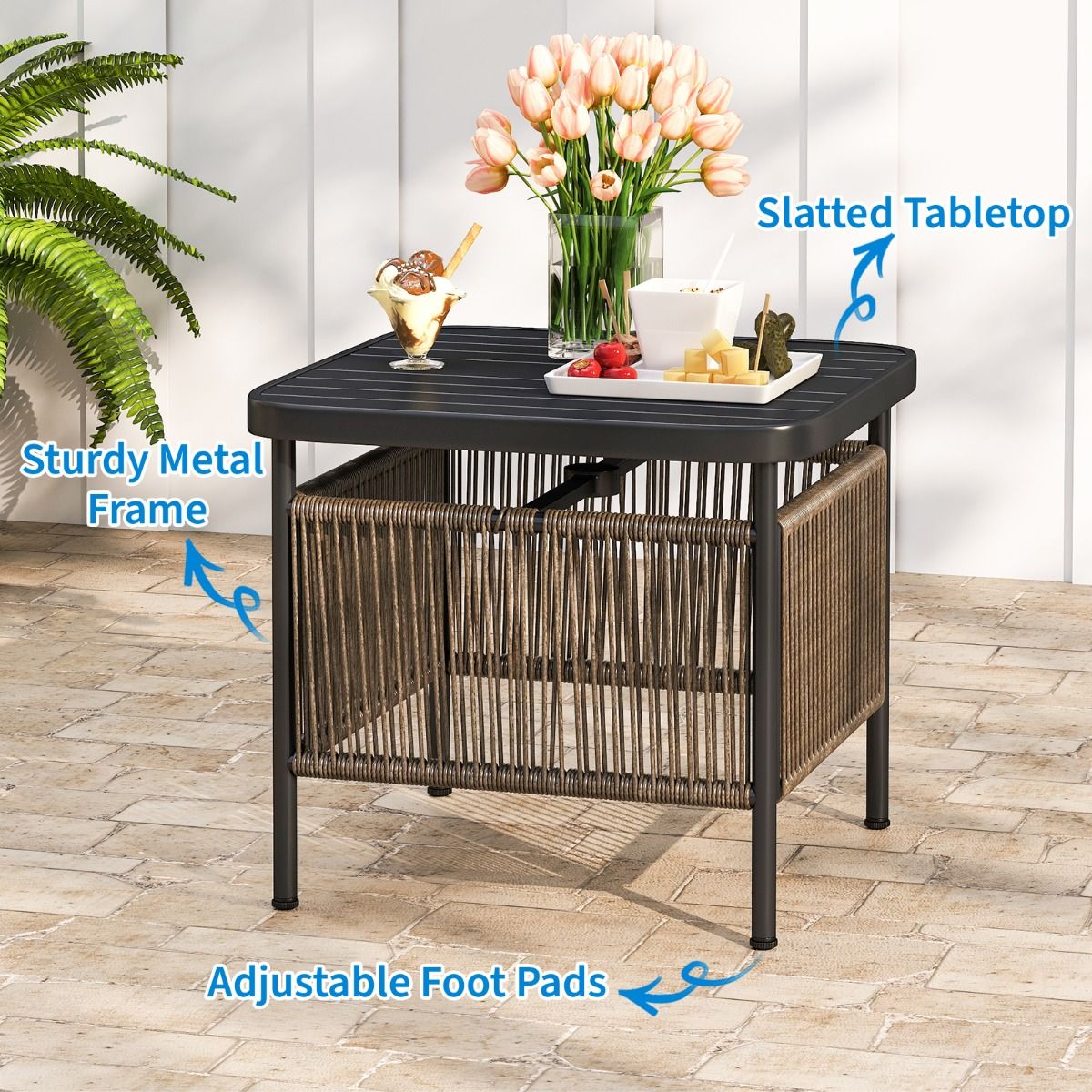 Table d'appoint d'extérieur Coast - en rotin résistant aux intempéries - avec trou pour parasol - noir - 56 x 56 x 49 cm