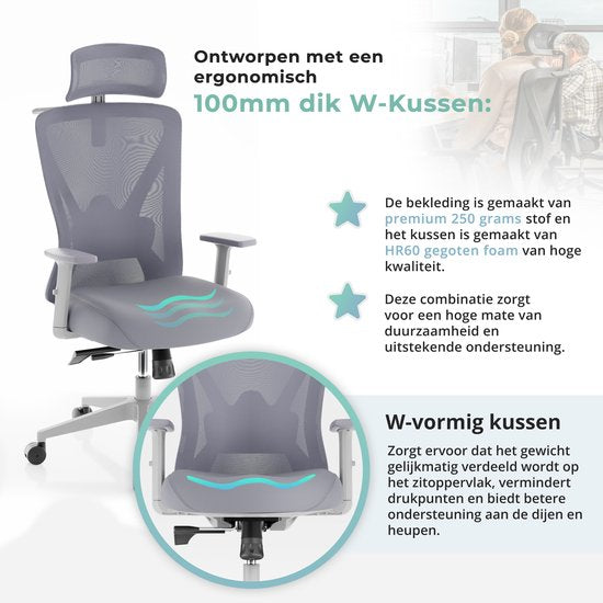 Backerz - Chaise de bureau ergonomique - hauteur d'assise 44-56 cm et certifiée EN1335 - équipée d'accoudoirs 3D et d'un support lombaire réglable - pour le bureau et les jeux - polypropylène et maille blanche/grise