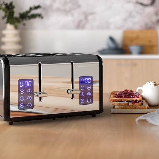 KitchenBrothers Toaster - Grille-pain - 6 niveaux de chaleur - 4 fentes extra-larges - écran tactile - 1630W - acier inoxydable/noir