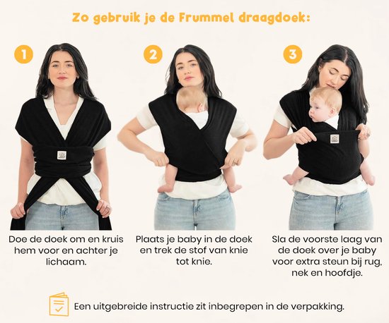 Frummel Baby Carrier Black - Écharpe de portage - Porte-bébé - Écharpe tissée - Bébé 0-36 mois - Nouveau-né