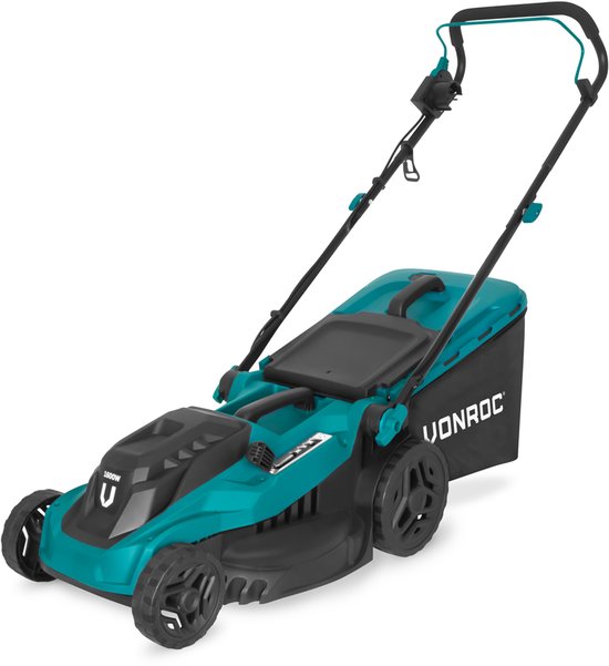 Tondeuse à gazon VONROC - 1600W - Largeur de coupe 38 cm - Cinq hauteurs de coupe réglables : 25/40/50/60/70 mm - Bac de ramassage 42L inclus