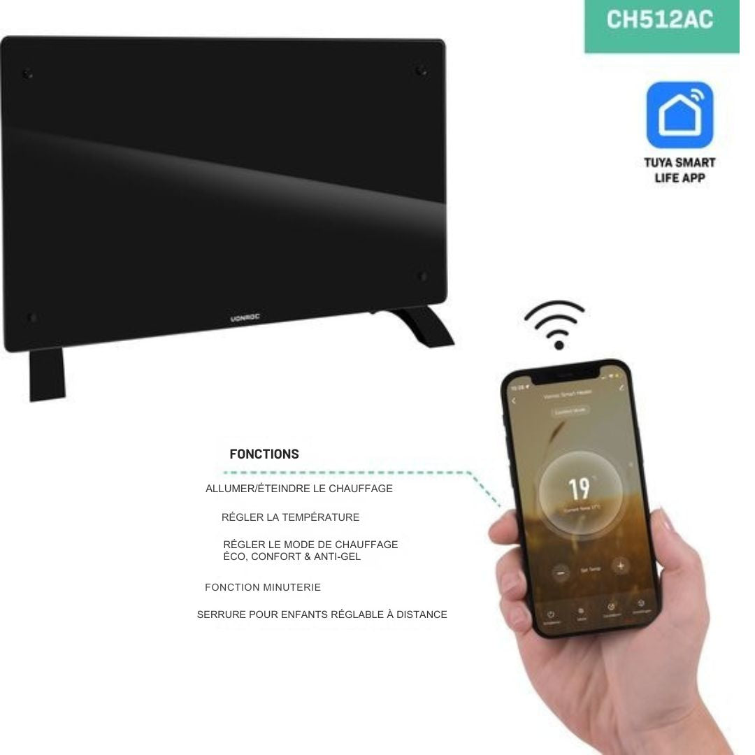 Convecteur de chauffage électrique - VONROC - 2000W & avec contrôle Wifi - équipé d'un affichage Led et d'une minuterie - pour les espaces jusqu'à 24 m² - Verre noir