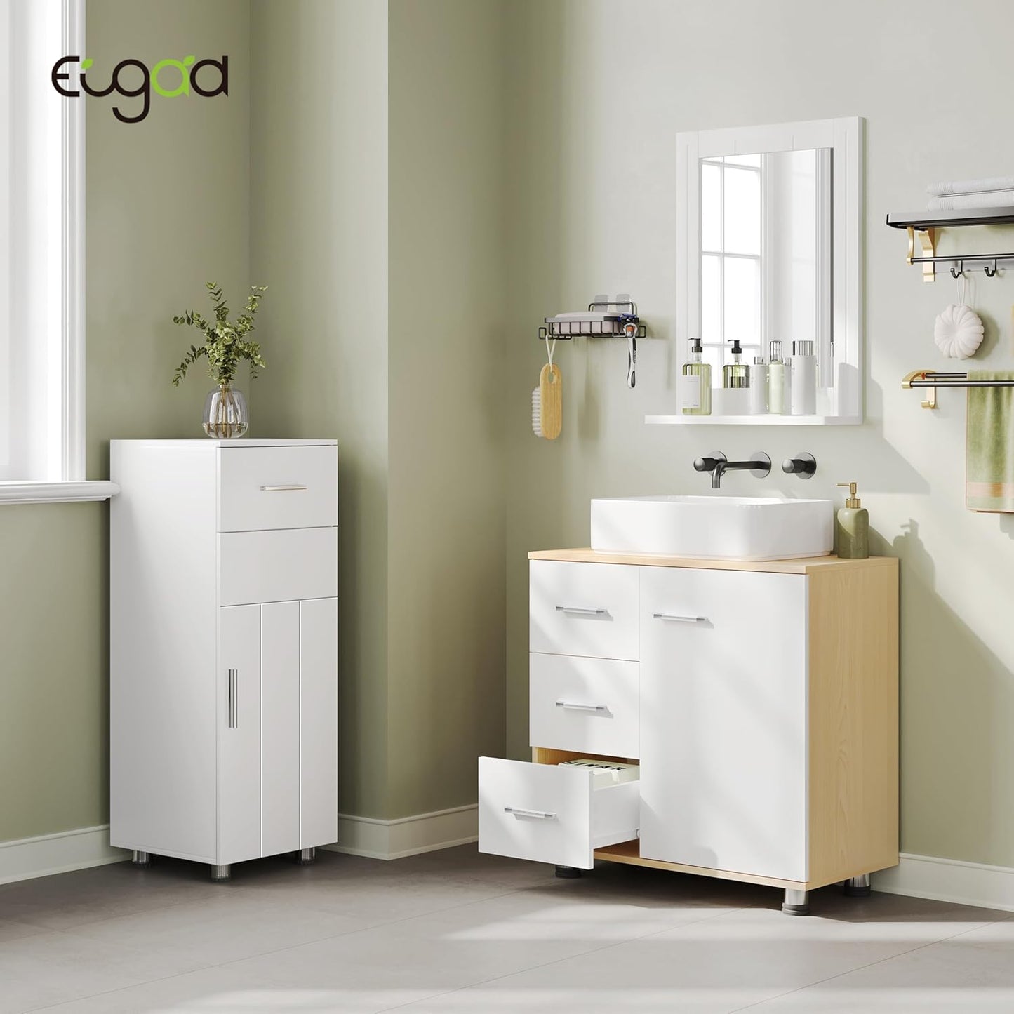 Meuble de salle de bains Eugad blanc/chêne clair - 60 x 60 x 30 cm - 3 tiroirs - Étagère réglable