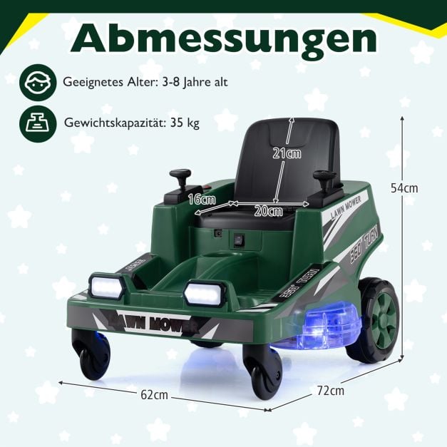 Coast Electric Tondeuse à gazon pour enfants 12V - autoportée avec lumières LED 72 x 62 x 54 cm - Vert