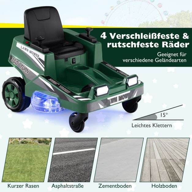 Coast Electric Tondeuse à gazon pour enfants 12V - autoportée avec lumières LED 72 x 62 x 54 cm - Vert