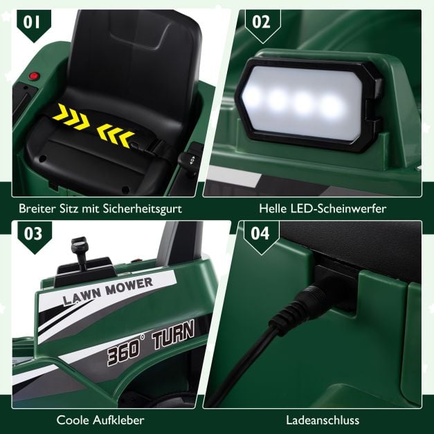 Coast Electric Tondeuse à gazon pour enfants 12V - autoportée avec lumières LED 72 x 62 x 54 cm - Vert