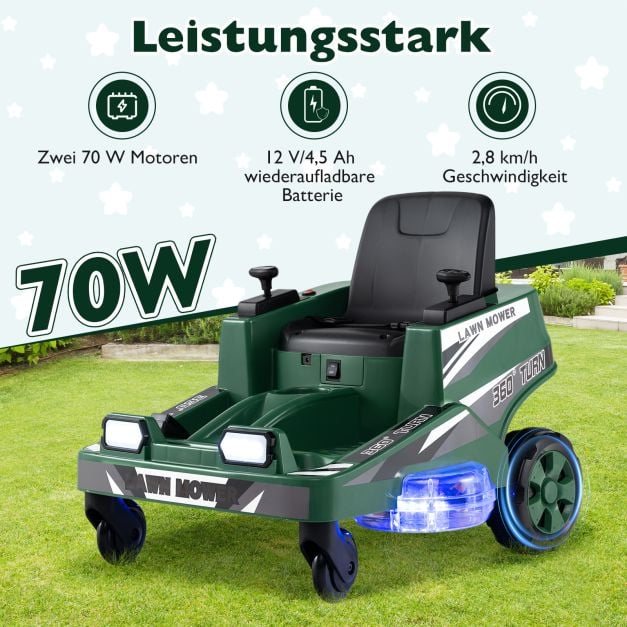 Coast Electric Tondeuse à gazon pour enfants 12V - autoportée avec lumières LED 72 x 62 x 54 cm - Vert
