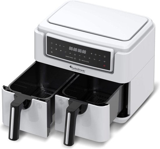TurboTronic AF118 Double Airfryer XXL - Friteuse digitale à air chaud - Double panier - 7.6L - 2x 3.8L - 12 programmes - Ecran tactile - Blanc