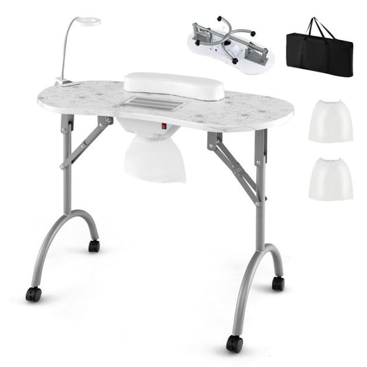 Coast Table de manucure pliable 90x43x73 cm Blanc - Avec dépoussiéreur, lampe LED, repose-poignets et sac de transport