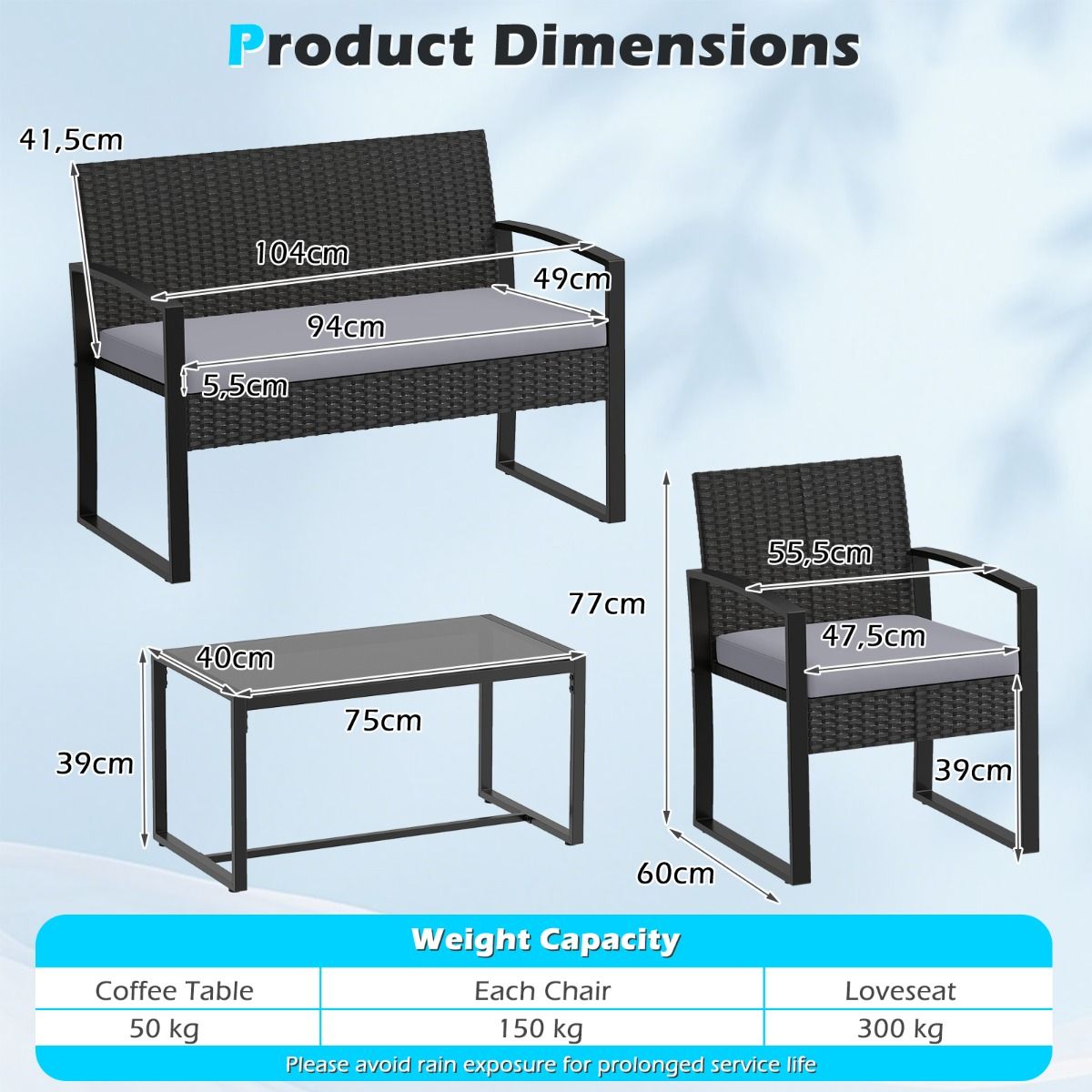 Ensemble de jardin Coast pour 4 personnes – comprenant une table en verre, un canapé 2 places et 2 fauteuils – gris