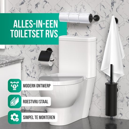 Avalo Toilet Accessories Set Black 4-Piece - Luxury Toilet Set - Brosse de toilette avec support / Porte-rouleau de toilette / Porte-rouleau de rechange / Crochet pour serviettes - Matériel de fixation inclus