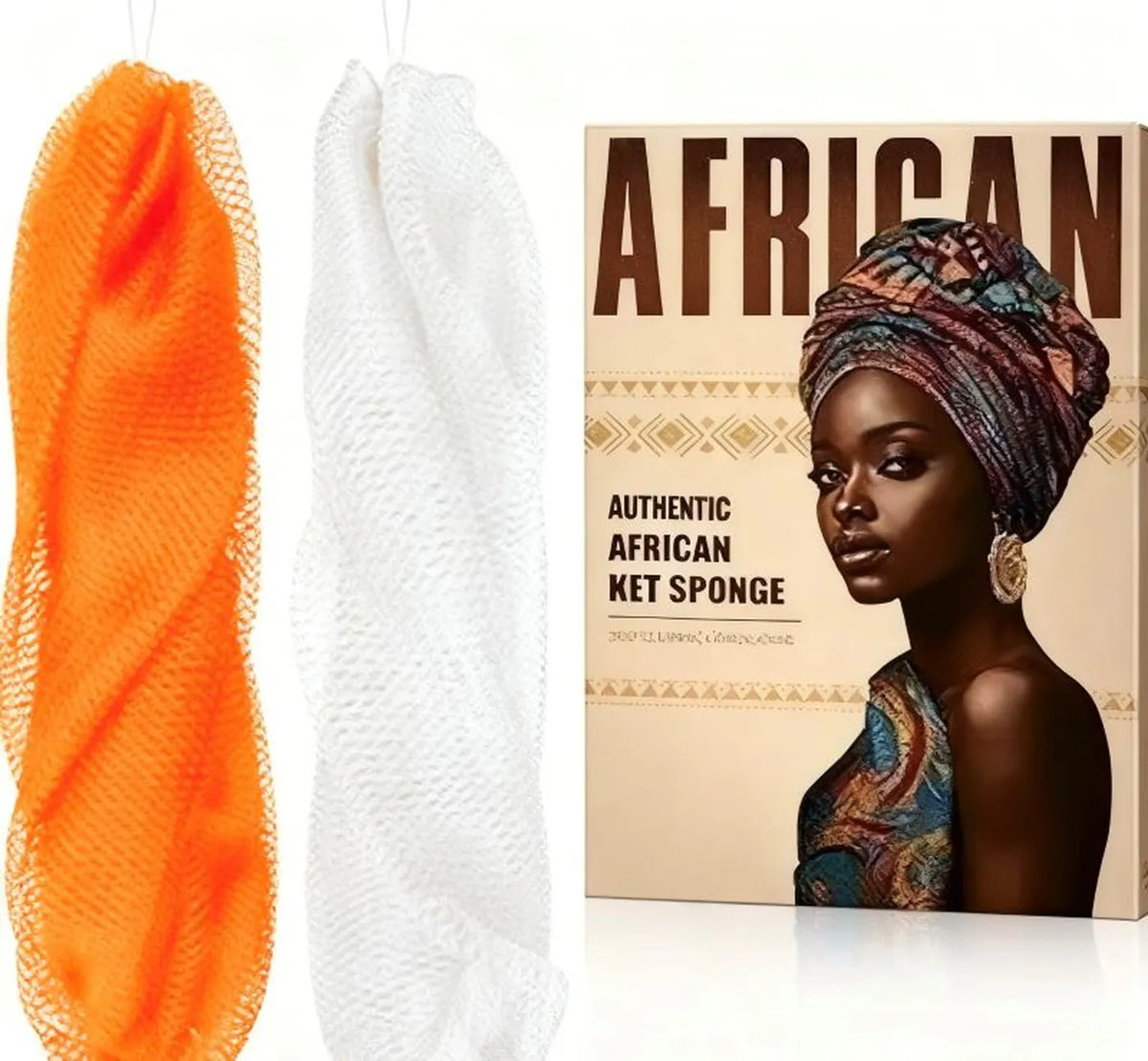 Lot de deux éponges AfriScrub - Orange et blanc - 90 g - avec cordon de suspension