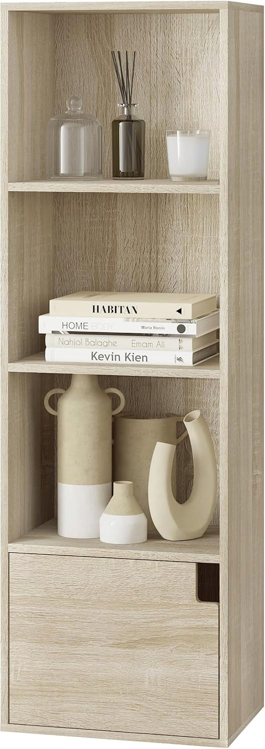 Bibliothèque étroite Woltu avec porte - Chêne clair - 34 x 106 x 24 cm
