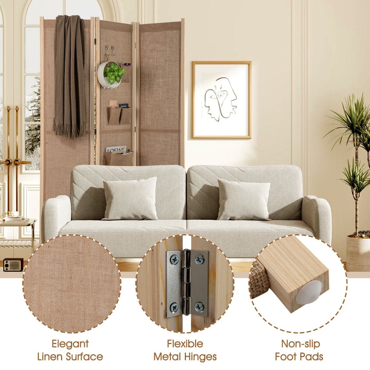 Coast Séparation murale - 3 pièces, crochets, compartiments de rangement, pliable - 170 x 2 x 121 cm - Bois/Polyester - Beige