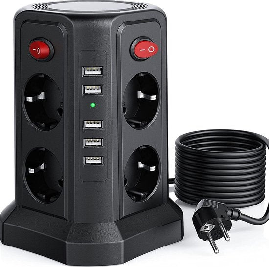 Prise avec interrupteur et USB - Boutons marche/arrêt à économie d'énergie - Bloc d'alimentation - Powercube - Noir - Câble de 3 mètres