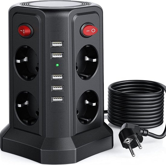Prise avec interrupteur et USB - Boutons marche/arrêt à économie d'énergie - Bloc d'alimentation - Powercube - Noir - Câble de 3 mètres