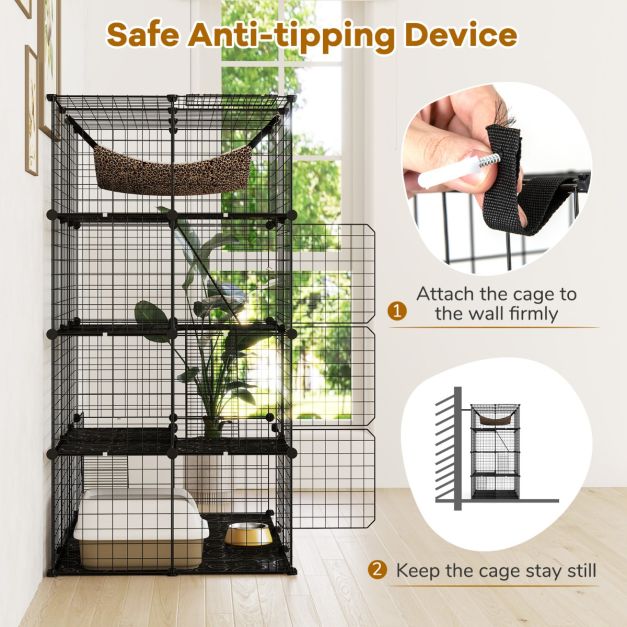 Cage à chat spacieuse à 4 étages de 143 cm de haut - Cage en métal noir avec hamac, étagères et échelles pour chats et petits animaux de compagnie